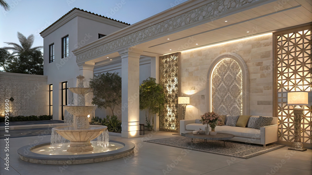 Obraz premium Chic architectural interior in arabic style, light stone, sofas, vase on a table,