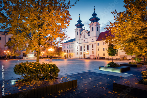 Vászonkép Illuminated morning view of Gyor Benedictine Church of St
