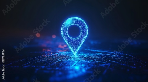 Abstract Location Pin. Digital GPS Light Icon. Low Poly Wireframe