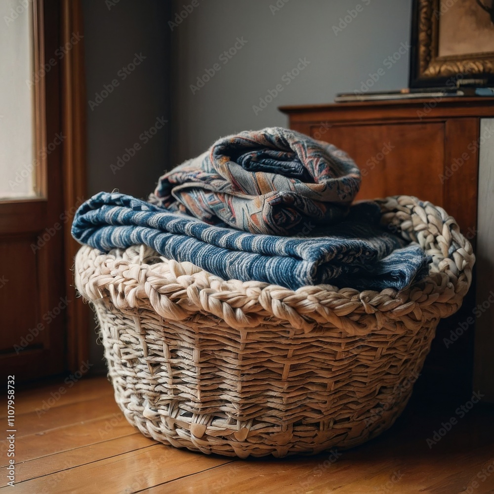 Obraz premium Beautiful textiles in a wicker basket