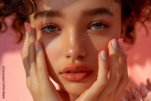 Model woman showing manicure on nails, posing with natural light