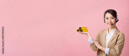 金の延べ棒を持っている20代のオペレーターのアジア人の女性。（Operator Asian woman in her 20s holding gold bars.）
 photo