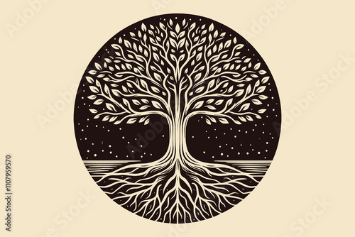 Tree of life with intertwining roots and branches. Vintage engraving vector illustration. Logo, emblem, woodcut. Black and white line art