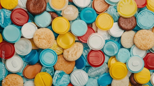 Colorful plastic bottle caps scattered randomly, highlighting recycling and environmental issues.