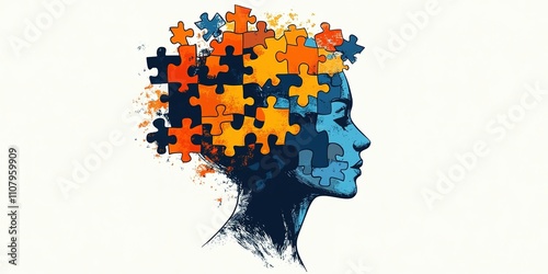 Creative illustration of a woman's profile with colorful puzzle pieces representing thoughts and ideas