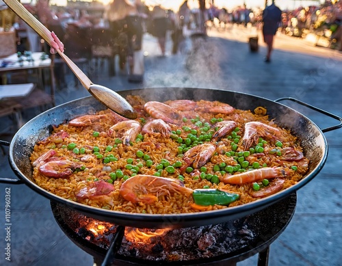 Large paella pan sizzling over an open flame, with vibrant ingredients like prawns, peas, and rice being stirred by a wooden spoon, set in an outdoor Spanish market setting photo