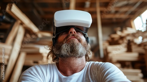 A middle-aged man with a beard, wearing a white VR headset, deeply engaged in a virtual reality setting amidst a wooden or rustic environment. photo