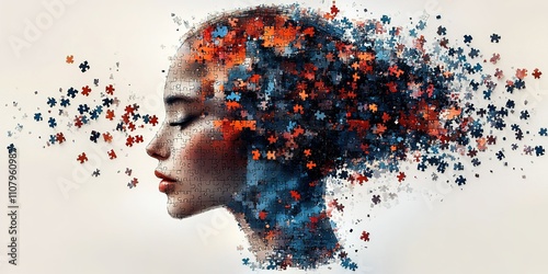 Portrait of a woman with a puzzle piece hairstyle in vibrant colors showcasing creativity and introspection