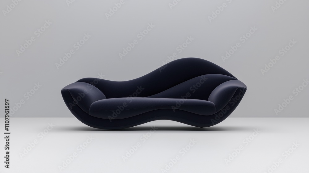 Modern, curved armchair in a dark blue color. the chair has a sleek and minimalist design with a curved backrest and armrests. it is placed on a plain white surface, with a plain grey background. Modern, curved armchair in a dark blue color. the chair has a sleek and minimalist design with a curved backrest and armrests. it is placed on a plain white surface, with a plain grey background.