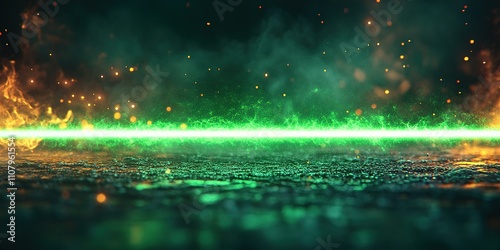 Bright green laser cutting through smoke and fire in dark setting creates a vibrant contrast