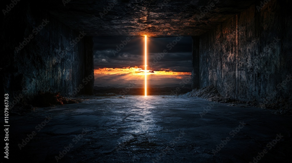 Fototapeta premium Illuminating the void a single line of light breaking shadows in a surreal hopeful landscape