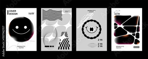 Set Of Cool Trendy Acid Rave Posters. Abstract trippy psychedelic smile. Vector illustration.