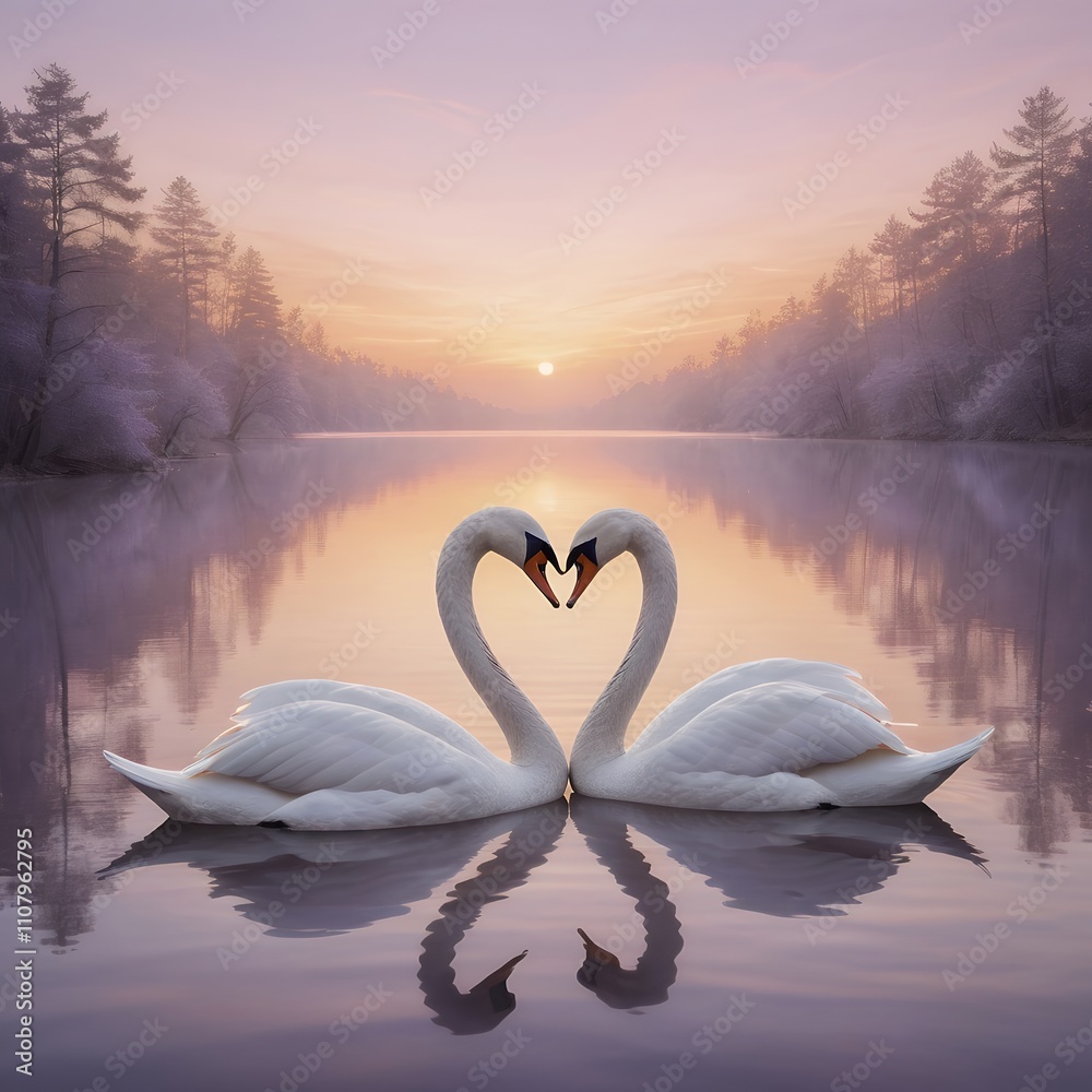 Fototapeta premium Romantic Swans Forming a Heart Shape at Sunrise over a Serene Lake in a Winter Wonderland