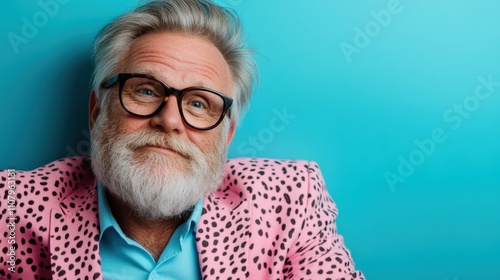 An older gentleman with a charismatic expression stands confidently in a bold, leopard print suit, exuding style and a unique fashion sense against a blue backdrop. photo