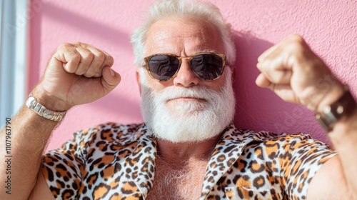 A confident older man with a white beard and sunglasses poses with fists clenched in a leopard shirt, set against a textured pink background. photo