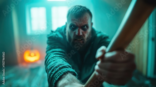 A bearded man with a fierce expression grips an axe in a dimly lit room, with a jack-o'-lantern glowing in the background, creating an ominous atmosphere. photo