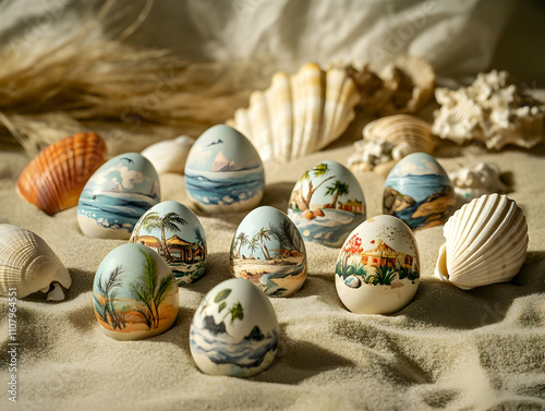 Holiday eggs pattern - A collection of decorative painted eggs featuring tropical landscapes and shells. photo