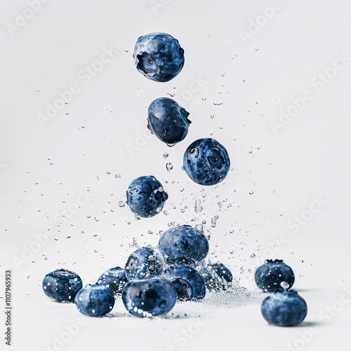 A falling blueberry isolated on a white background with selective focus