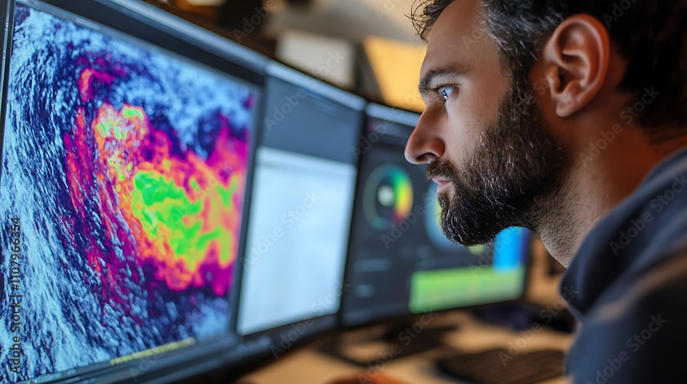 Fototapeta premium Digital climate model analysis displayed on multiple screens by a researcher tracking weather patterns and climate changes