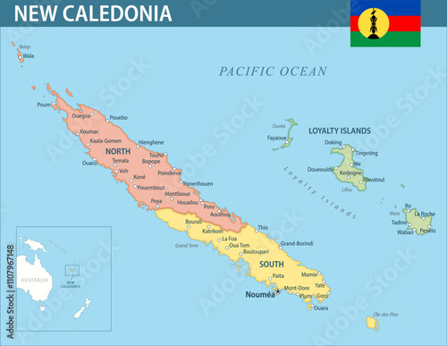 New Caledonia Map Vector 2024 Colorful - Customizable layered political map of New Caledonia with administrative divisions for website, education, reports, news, politics, print, poster and wallpaper