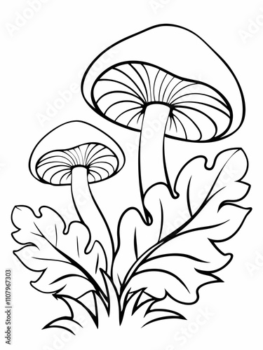 mushroom around leaf  line art