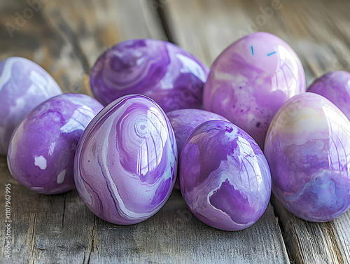 Holiday eggs pattern - A collection of beautifully marbled purple eggs resting on a rustic wooden surface. photo