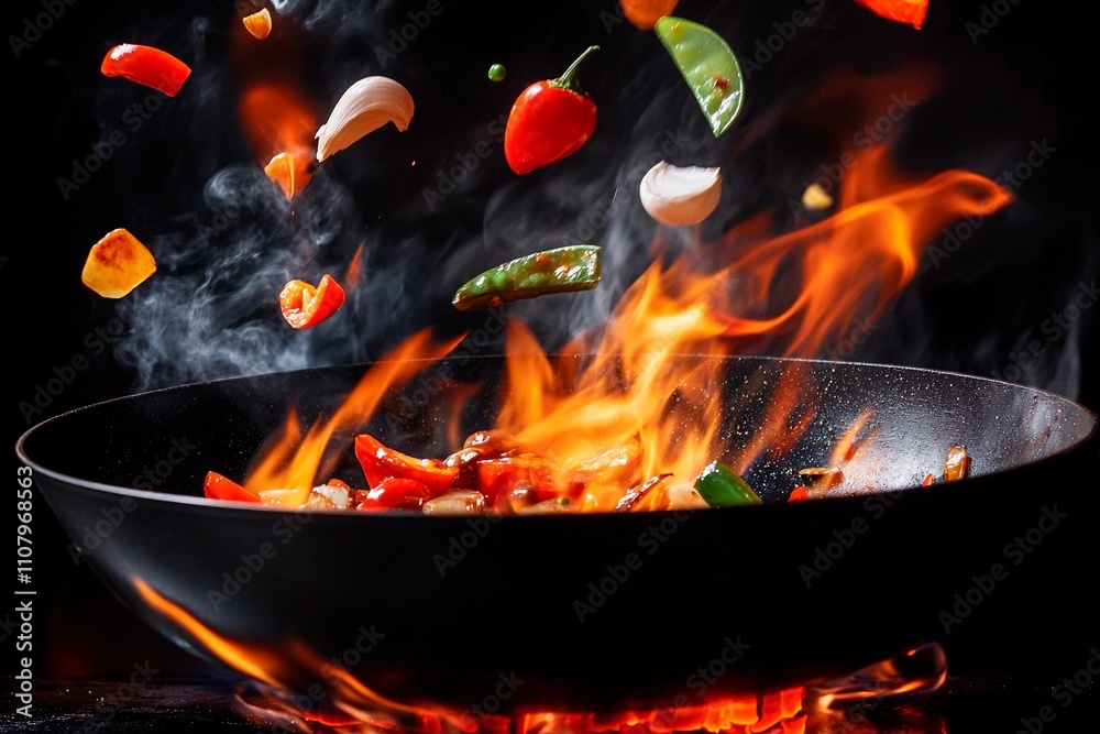 Cooking with fire as vegetables dance in a hot skillet at twilight. Generative AI Cooking with fire as vegetables dance in a hot skillet at twilight. Generative AI