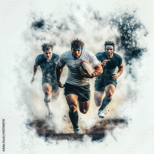 Three rugby players running realistic illustration, ready for rugby poster mockup