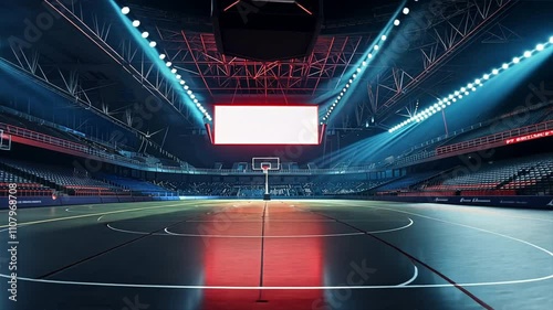 Vibrant basketball court in empty arena, illuminated by dramatic lighting, creates electric atmosphere of anticipation in this modern indoor stadium.