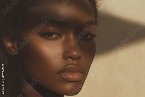 dark skinned black woman's face with glowing skin, accentuated by natural light and soft shadows. The wind lightly tousles her hair, emphasizing her radiant complexion and minimalist aesthetic photo