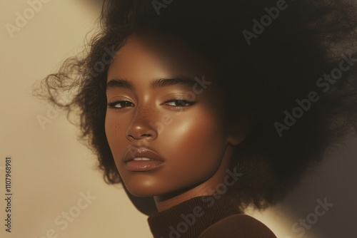 dark skinned black woman's face with glowing skin, accentuated by natural light and soft shadows. The wind lightly tousles her hair, emphasizing her radiant complexion and minimalist aesthetic photo