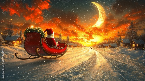 Santas sleigh glides through a winter wonderland at sunset photo