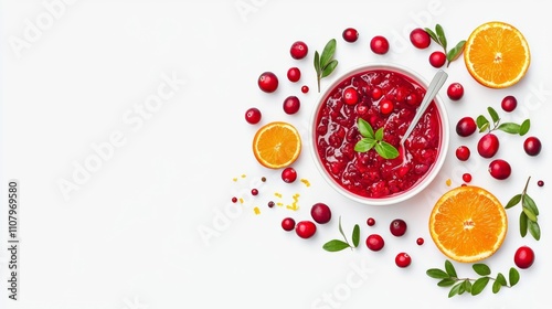 Fresh cranberry sauce with oranges and mint leaves.