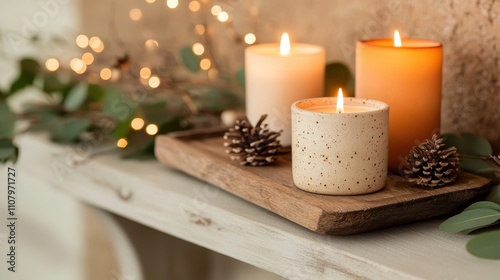 A cozy scene featuring burning candles in a variety of heights, arranged artistically on a wooden mantel alongside pine cones and delicate eucalyptus branches.