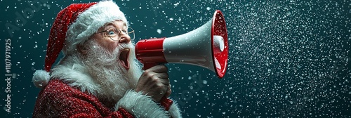 Santa Claus using a megaphone to spread Christmas cheer during a snowy celebration photo