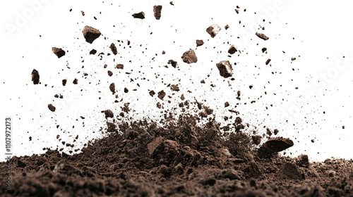 Wide Explosive soil dirt eruption with debris flying isolated on white & transparent a background.