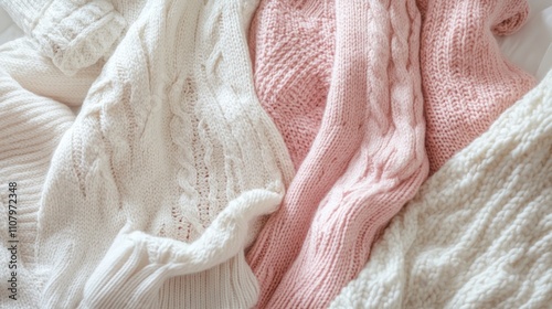 Cozy warm knitted fabrics in soft pastel colors photo