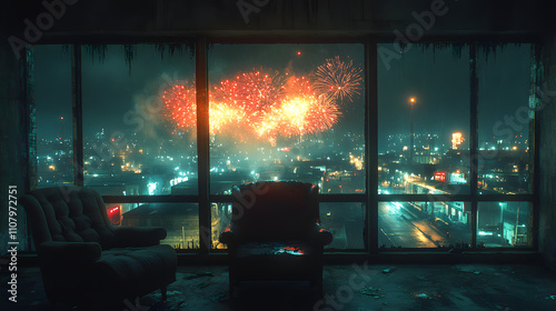 A Dramatic New YearÆs Eve Celebration in South Africa with Fireworks and the Symbolism of Renewal Through an Open Window photo