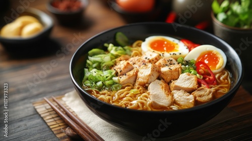 Delicious chicken ramen with egg and fresh vegetables in a black bowl