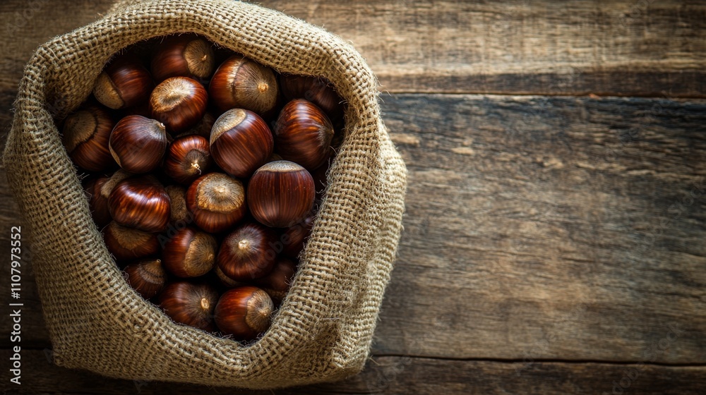 Rustic burlap sack filled with fresh hazelnuts on wooden background Rustic burlap sack filled with fresh hazelnuts on wooden background
