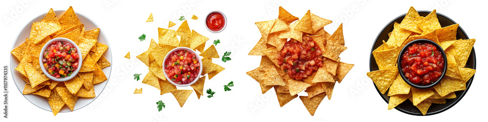 Nachos chips and salsa isolated on transparent background, Set of Nachos chips and salsa isolated on transparent background, Set of