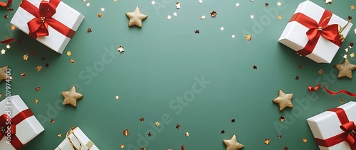 green background with red and gold ribbon bows, golden stars, white gift boxes, confetti on the sides, top view, flat lay, space for text, minimal concept, in the style of an art director. 