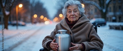 Wallpaper Mural Elderly Woman Holding Urn on Snowy Street - Loss and Remembrance Torontodigital.ca