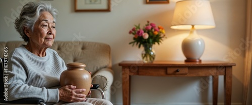 Elderly Woman Holding Urn - Grief and Remembrance in Home Setting