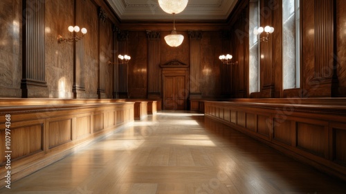 A grand courtroom with intricate chandeliers and polished wood paneling exudes an aura of authority and tradition, highlighted by shadow patterns from tall windows.