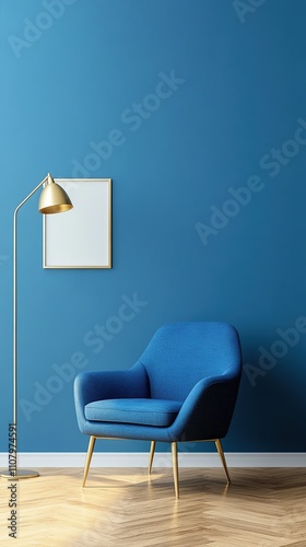 Modern interior with a stylish blue armchair, a gold floor lamp with a round white shade, a blank canvas on a deep blue wall, and a green plant on wooden flooring