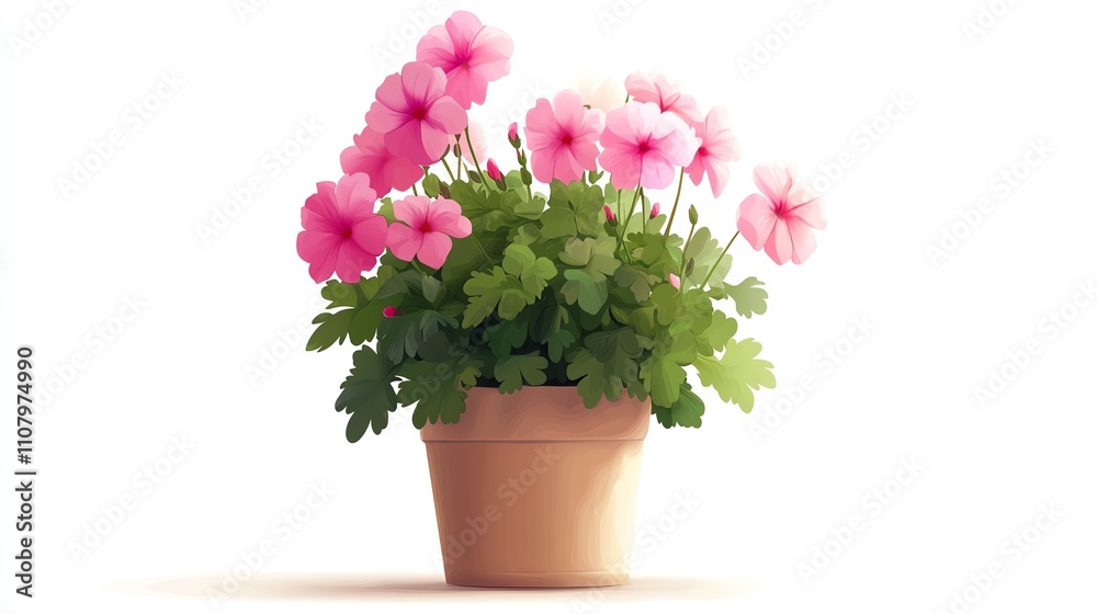 Naklejka premium a 2D cartoon illustration of a potted geranium with red flowers, colorful and bright, white background--ar 16:9