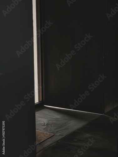 Minimalist Interior: A dark room with a doorway illuminated by soft light, ideal for design and architecture themes.