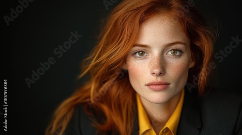 A striking portrait of a red-haired woman with captivating freckles gazing intently at the viewer against a plain dark background, showcasing natural beauty and charisma.