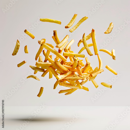 French fries levitating against a white background